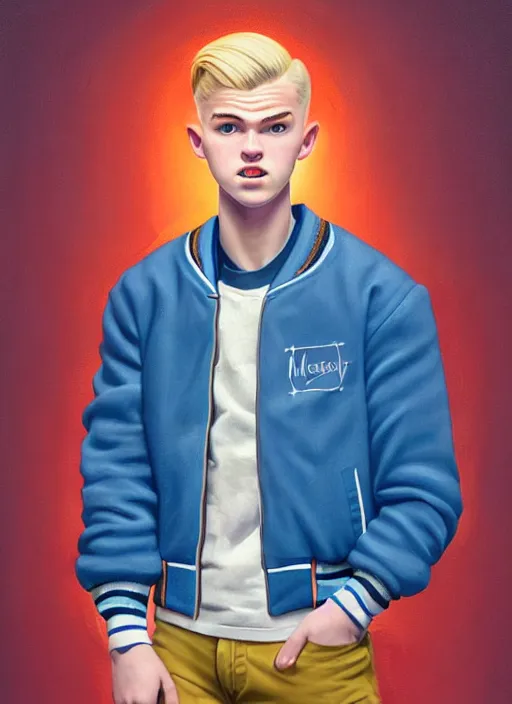 Image similar to portrait of a high school senior boy named moose mason, blonde short hair, jock, beefy, square jaw, square facial structure, 1 9 5 0 s, blue varsity jacket, intricate, elegant, glowing lights, highly detailed, digital painting, artstation, concept art, smooth, sharp focus, illustration, art by wlop, mars ravelo and greg rutkowski