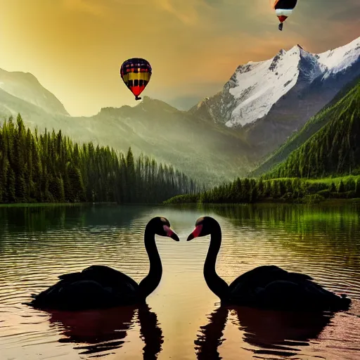 Image similar to photo of two black swans touching heads in a beautiful reflective mountain lake, a colorful hot air balloon is flying above the swans, hot air balloon, intricate, 8k highly professionally detailed, HDR, CGsociety