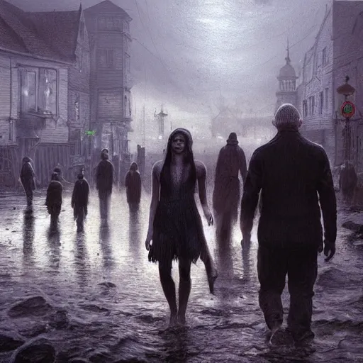 Prompt: shadow over innsmouth, fishpeople, people walking out of water, painted by seb mckinnon, high detail, dramatic light, digital art, painted by greg rutkowski, promotional movie posterart, trending on artstation