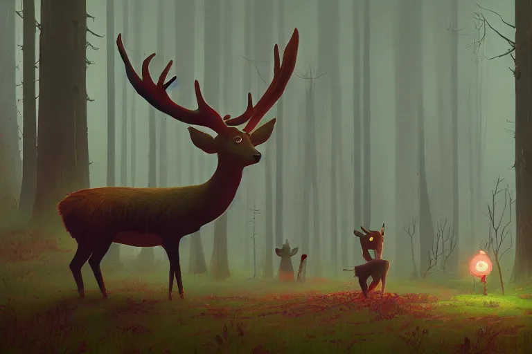 Image similar to Meeting the Forest Guardian, by Simon Stålenhag. Trending on artstation, children book illustration, spirit deer