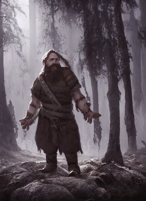 Prompt: Beautiful art portrait of a male dwarf cleric in a dark forest with dead trees, morning, atmospheric lighting, intricate detail, cgsociety, hyperrealistic, octane render, RPG portrait, ambient light, dynamic lighting