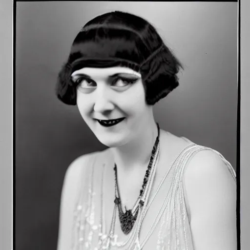 Image similar to a portrait photo of a 1 9 2 0 s woman with a slight smile in a flapper dress, highly detailed, dark, atmospheric, lovecraft