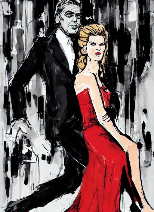 Image similar to george clooney wearing a formal black suit and kim basinger wearing a red dress in love sitting, in the style of ashley wood, in the style of ashley wood, wylie beckert, sam weber, joao ruas, kelsey beckett, james jean