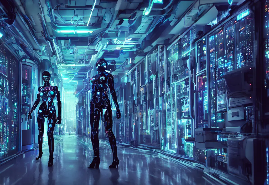 Prompt: shot of film by cyberpunk syle, human like a cyborg full body in detailed data center, character design, symmetrical, vivid color, complementary color, detailed, sharp lines, trending on artstation, volumetric lighting, by yoichi hatakenaka, by masamune shirow, by josan gonzales, octane render, server room