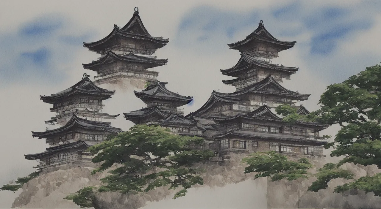 Image similar to a watercolour painting of a Japanese castle, trending on artstation