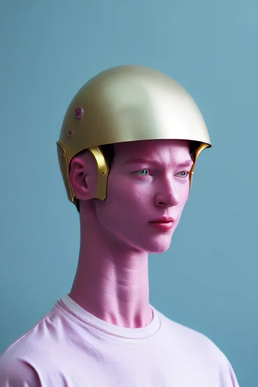 Image similar to a high definition film photograph of a normal androgynous robot human wearing a plain white t - shirt, in a pastel pink room. happy. metal visor covering eyes. metallic shiny gold coloured helmet. crushed shadows.