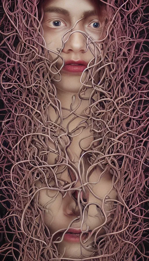 Image similar to very detailed portrait of a 2 0 years old girl surrounded by tentacles, the youg woman visage is blooming from fractal and vines, by gottfried helnwein