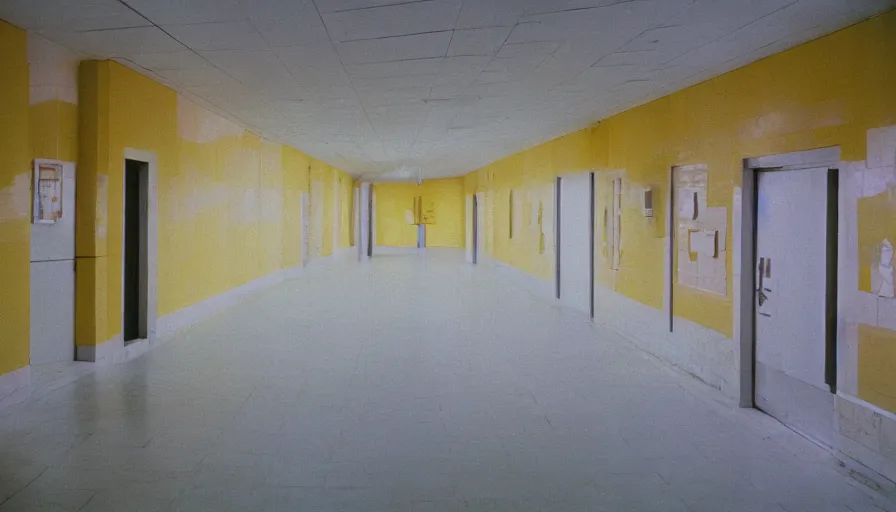 Image similar to 60s movie still of a sovietic stalinist style empty hallway with yellow tiles, cinestill 800t 50mm eastmancolor, liminal Space style, heavy grain