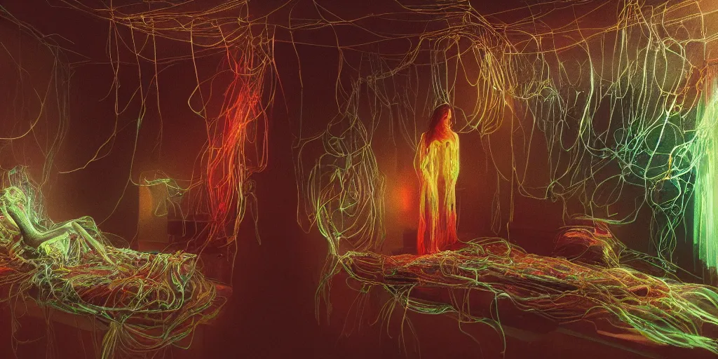 Image similar to rgb, glowing, depression!!!!!, maximalist interior, woman, cinematic, movie scene, inspired by zdzislaw beksinski, clothes made out of veins,, cables everywhere, bedroom, ultra realistic, concept art, intricate details, highly detailed, photorealistic, octane render, 8 k