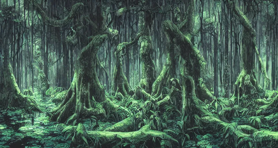 Image similar to A dense and dark enchanted forest with a swamp, by Hideaki anno