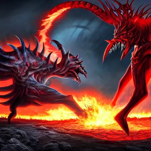 Prompt: a hyper realistic photo of the demon lord aatrox fighting against leg guy the unbeatable on a barren hellscape surrounded by a ring of fire, ultra detailed, hdr, 8 k