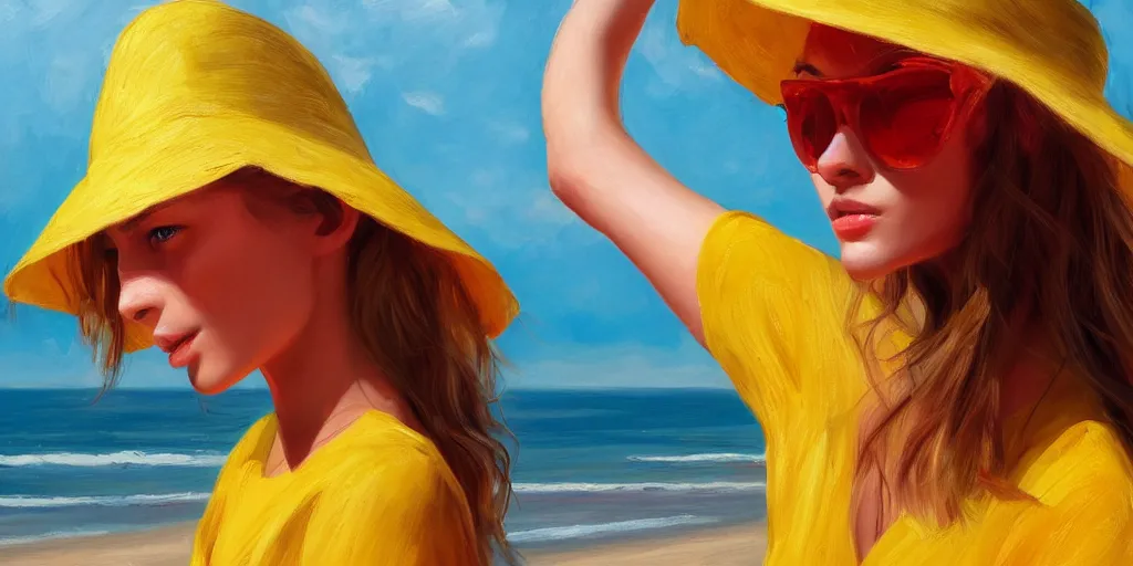 Image similar to beautiful oil matte portrait painting, young woman with red dress and mustard yellow summer hat at a beach on a sunny day, wonderful masterpiece highly detailed, beautiful cinematic light deep focus, elegant, digital painting, smooth, sharp focus, golden ratio, dramatic illumination, ultra realistic, 8 k, art by jimmy law