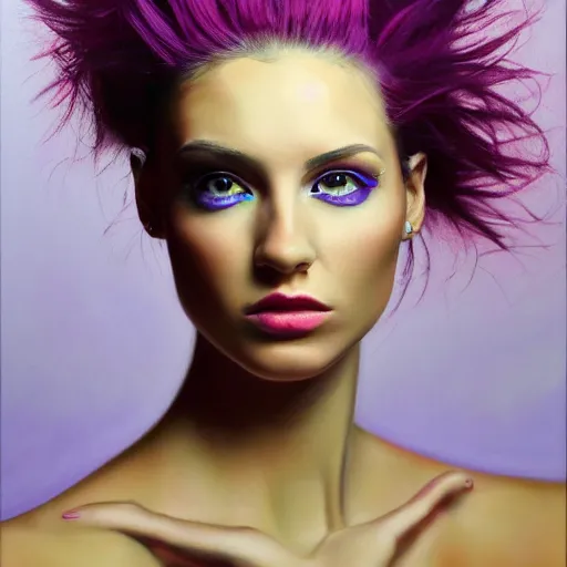 Image similar to hyperrealist oil painting of flowerpunk fashion model, portrait, painting by raphael