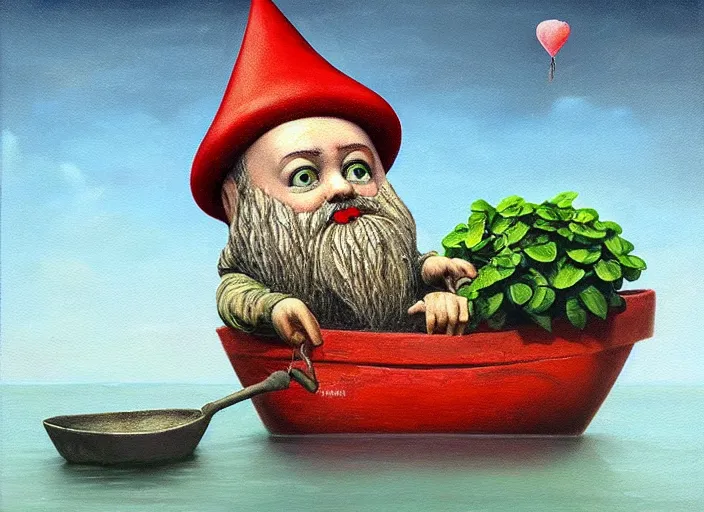 Image similar to a garden gnome sailing across a bucket of water, an ultrafine detailed painting by mark ryden, trending on deviantart, pop surrealism, whimsical, lowbrow, grotesque