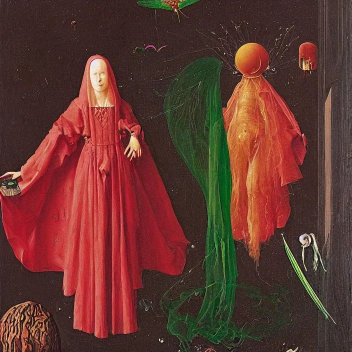 Image similar to a closeup portrait of a cloaked woman floating next to a dragonfly nebula, dragonfly nebula, by jan van eyck