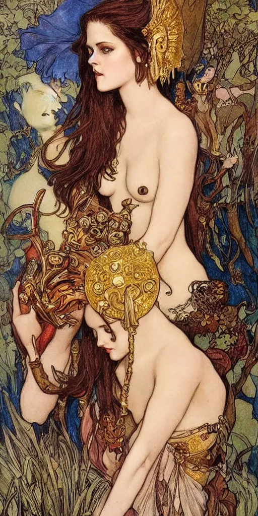 Image similar to kristen stewart as a sultry warrior sitting on top of a gold cornucopia, mucha meets norman lindsay style
