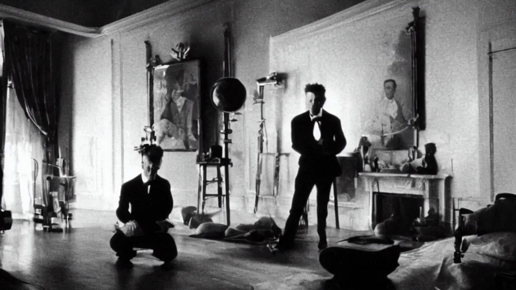 Image similar to an mri image of james cavell in the living room, film still from the movie directed by denis villeneuve with art direction by salvador dali, wide lens