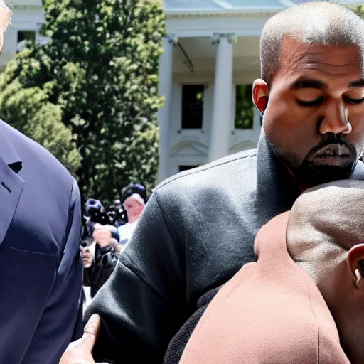 Image similar to kanye west giving donald trump a big bear hug in front of the white house while kanye smells trumps hair