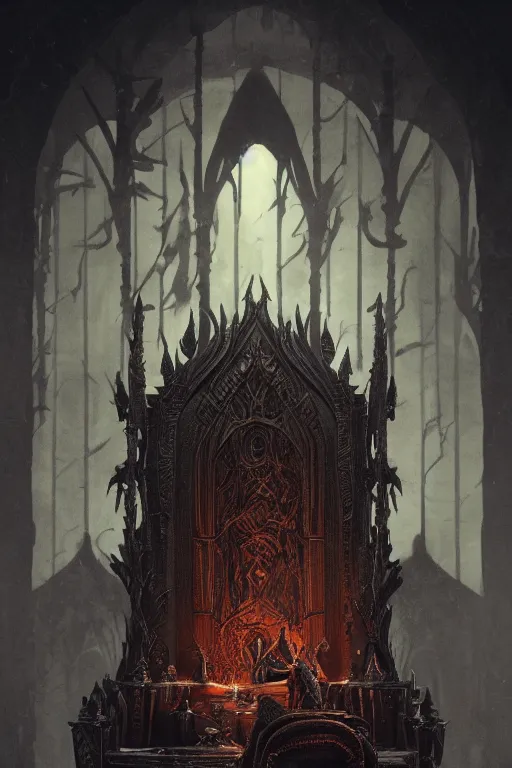 Prompt: Throne of the Shadow King, high fantasy, gothic, skulls, malice, dark atmosphere, detailed, cinematic, ornate, intricate carvings, cinematic lighting, artstation, Greg Rutkowski, Marc Simonetti, H R Giger, octane render, 8k