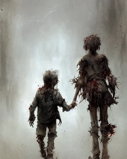 Prompt: a child zombie walking toward a scared teenager that fell on the ground realistic concept art, hd, high quality by jean baptiste monge and greg rutkowski