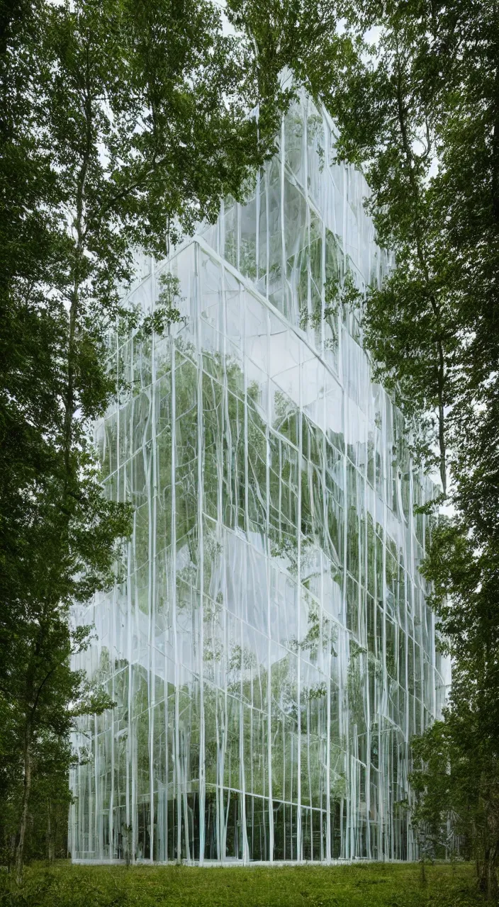 Prompt: a photo of a contemporary glass building in a forest covered in fabric. the fabric is translucent white. grass and oak trees surround the building at dusk. futurist architecture, in the style of antonio santelia