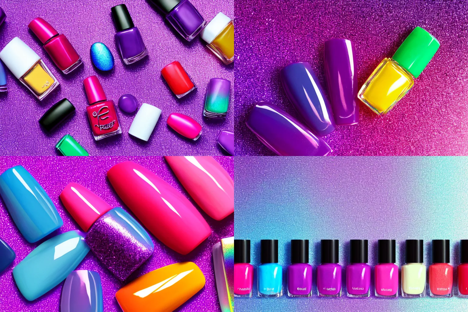 Prompt: a row of colorful nail polishes on a purple background, sparkling, glitter, photorealistic, 3 d art, iridescent, octane render, vray tracing, advertisement, 8 k