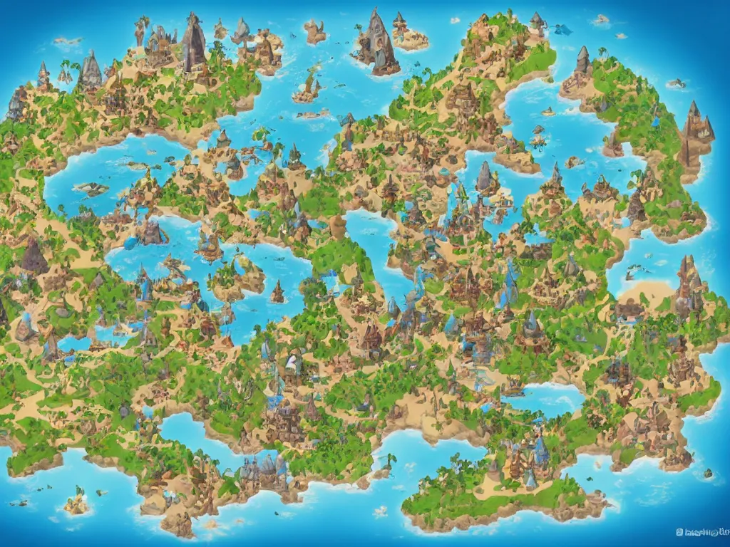 Image similar to an isometric disney fantasy map of a continent bordered by ocean