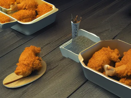 Image similar to 3 blind mice eating kentucky fried chicken legs in a barrel, high detail, character, 3D, dark dull colors, photo realistic, octane, unreal engine