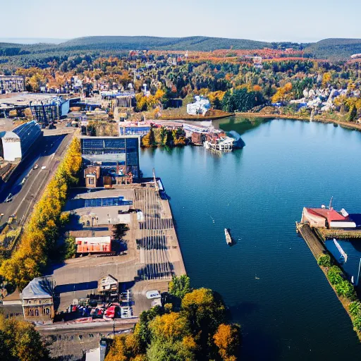 Image similar to bird's eye view photography of a small city. town hall, central farm, dock. hills, woods, and lake to the north.