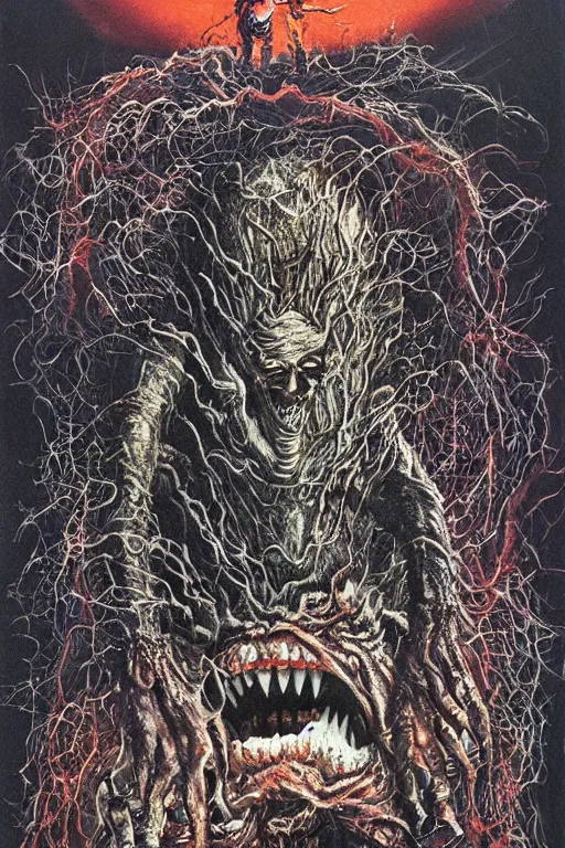 Prompt: a hyper detailed photorealistic painted horror movie poster for the thing 2 1 9 8 2 by john totleben & john carpenter depicting a horroifying abstract shape shifting alien organism made of human and animal tissue