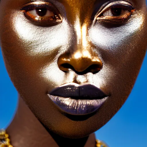 Prompt: portrait of metallic reflecting face, african woman, subtle iridescence, smooth, proud looking away, outdoor, blue sky, nature, 8 k, realistic, depth of field, highly detailed, award winning photography,
