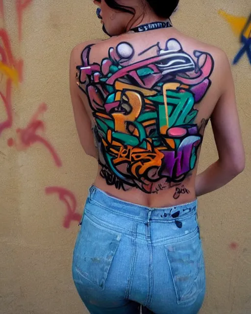 Prompt: free style graffiti on a cool girl body that says left