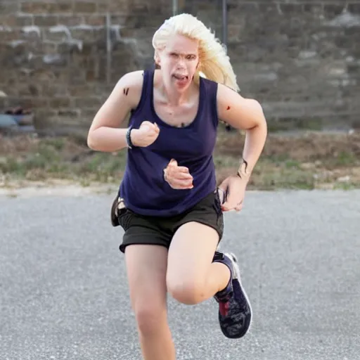 Prompt: a close up of 26 year old blonde attractive female in a tank top and jean shorts running away from zombies