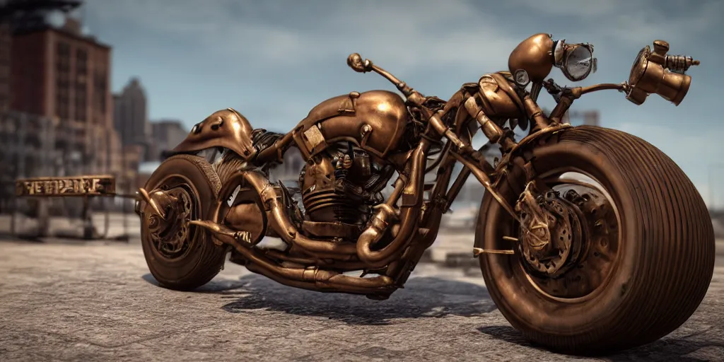 Prompt: steampunk american muscle motorcycle, photorealistic, 3 d rendering, cute, unreal engine, bokeh