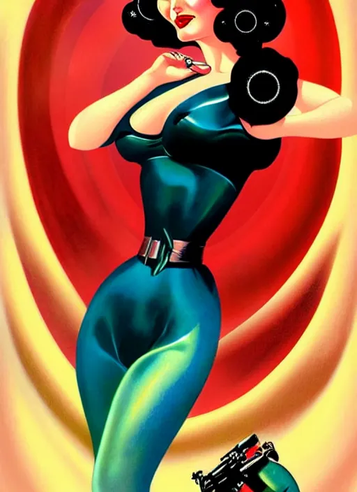 Image similar to a retro sci - fi pinup illustration of dita von teese in the style of anna dittmann and in the style of charlie bowater and in the style of alberto vargas and in the style of gil elvgren.