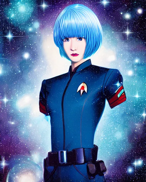 Prompt: Portrait of Rei Ayanami, as a Starfleet officer, Starfleet uniform, stars, nebula, sparkling, bokeh, 50mm, highly detailed by Paul Lehr