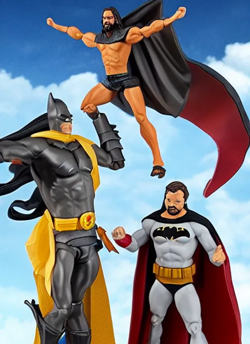 Image similar to Jesus vs the Batman in the flying sandals of salvation action figures toy pack