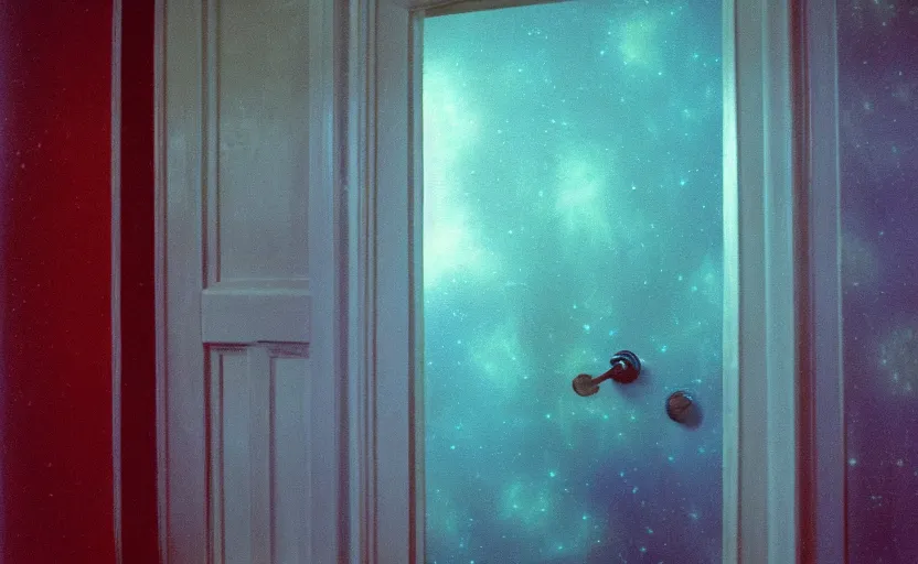 Image similar to A door opens to galaxy in the shining by stanley kubrick, shot by 35mm film color photography