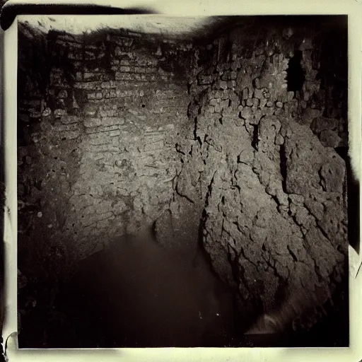 Image similar to looking over the edge of a wide mine shaft with water flowing down the walls into a dark hole, creepy, eerie, unsettling, terrifying, jagged rocks, dark, old polaroid, expired film,