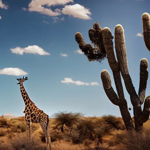 Prompt: giraffe grazing in the arid desert surrounded by cactus trees national geographic wild 400mm aspect ratio focal detailed proportional sky clouds safari magazine editorial animal planet