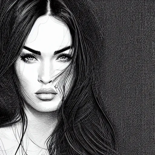 Image similar to “Megan Fox, portrait!!! Portrait based on doodles, scribbled lines, sketch by Liz Y Ahmet, monochrome, concept Art, millions lines, ultra detailed portrait, 4k resolution”