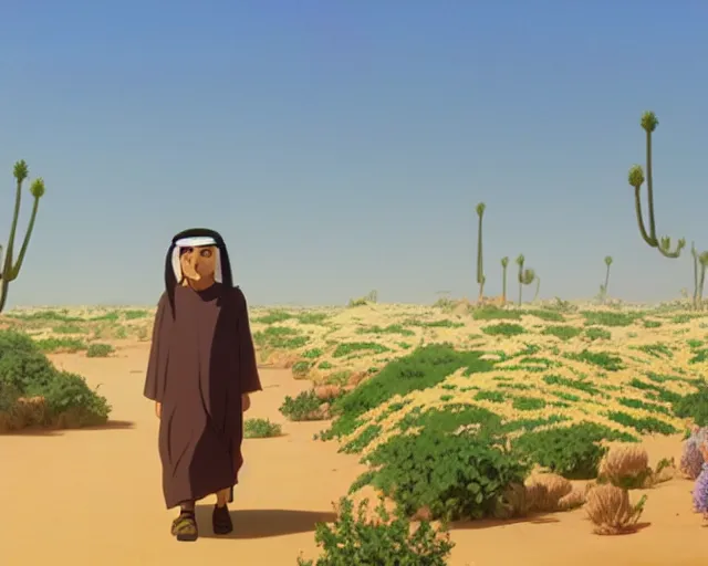 Image similar to an arab man in the desert with wildflowers, makoto shinkai, loish, studio ghibli, tooth wu