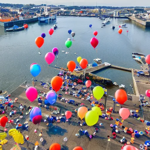 Image similar to photo of a lot of birthday balloons floating above a beautiful maritime port in bretagne. sharp focus, highly - detailed, award - winning, epic cinematic