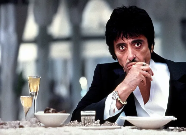 Image similar to tony montana from movie scarface 1 9 8 3 sitting behind a big black oak table with big large packages of flour. long shot. al pacino. perfect symmetric face, coherent eyes,, fine details, 4 k, ron cobb, cinestill