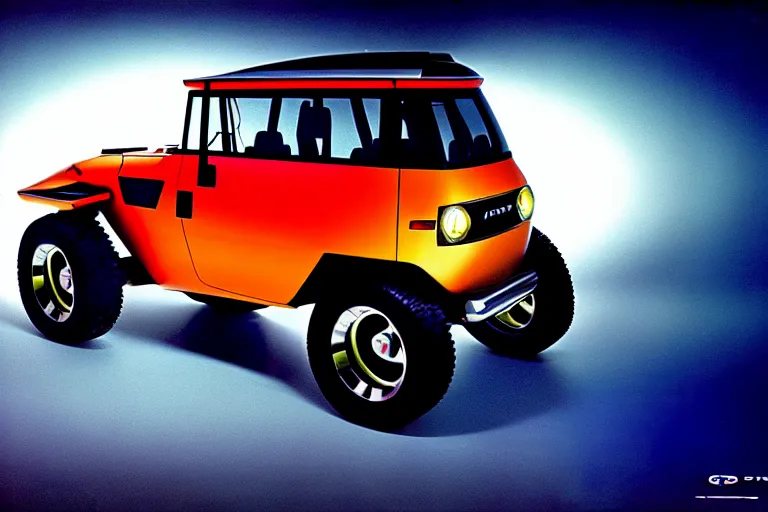 Prompt: designed by giorgetto giugiaro stylized poster of a single toyota fj cruiser concept, thick neon lights, ektachrome photograph, volumetric lighting, f 8 aperture, cinematic eastman 5 3 8 4 film