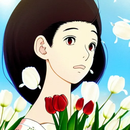 Prompt: beautiful mexican woman, dancing in a tulip and baby's breath field, dark skin, septum piercing and nose ring, prominent cheek bones, black hair and brown eyes, studio ghibli art style, art by hayao miyazaki, makoto shinkai