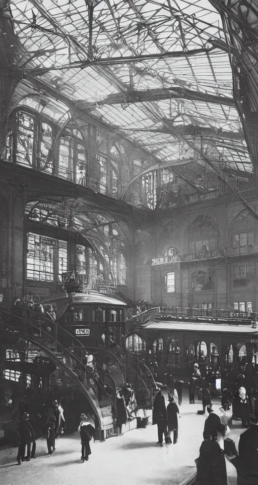 Prompt: interior of a victorian railway station, people on the platforms, luggage, atmospheric, dramatic architecture