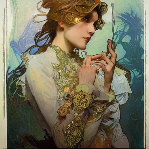 Image similar to alphonse mucha, j. c. leyendecker, and ruan jia combined art