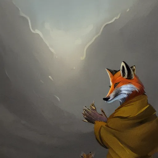 Image similar to an anthropomorphic fox in a robe overlooking a village in the moor, dramatic lighting, overcast weather, highlands, anthro fox in a robe, realistic furry, sharp focus, 8 k, artstation, artstation hq, greg rutkowski, gregory manchess