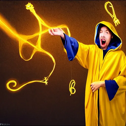 Prompt: award - winning. hyper - realistic. cinematic. 4 k. a person wearing hooded frayed yellow robes casting a spell while yellow magic runes float behind them. dark background